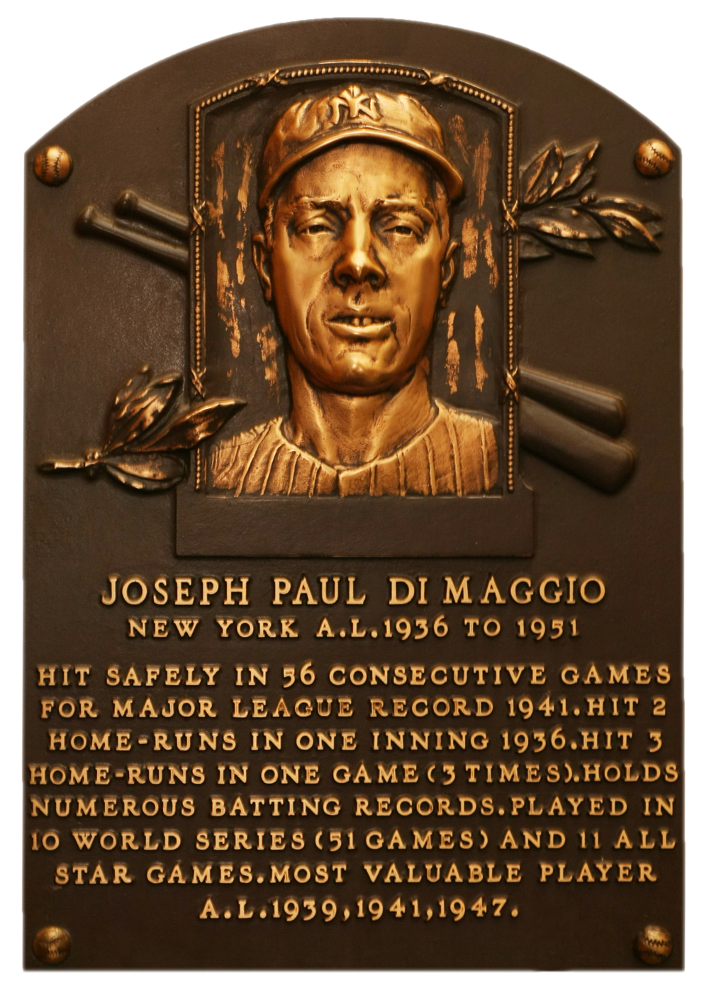 Joe DiMaggio Hall of Fame plaque