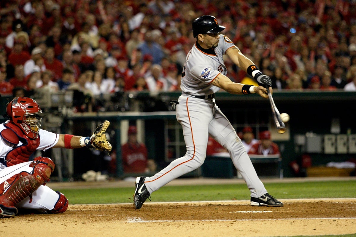 Benito Santiago bats in 2002 World Series