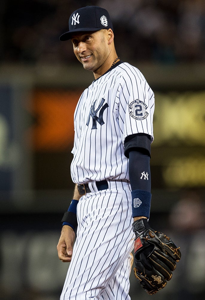 Derek Jeter wearing home Yankees uniform