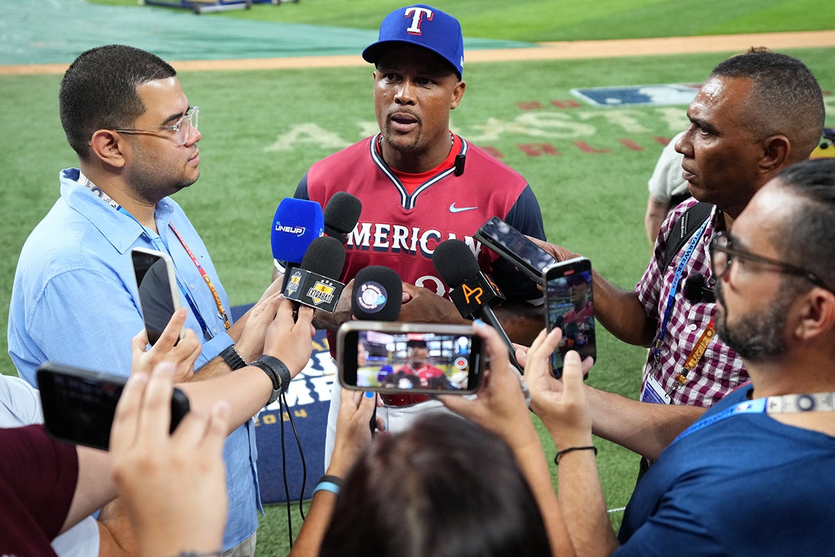 Adrian Beltré speaks to media before 2024 All-Star Futures Game