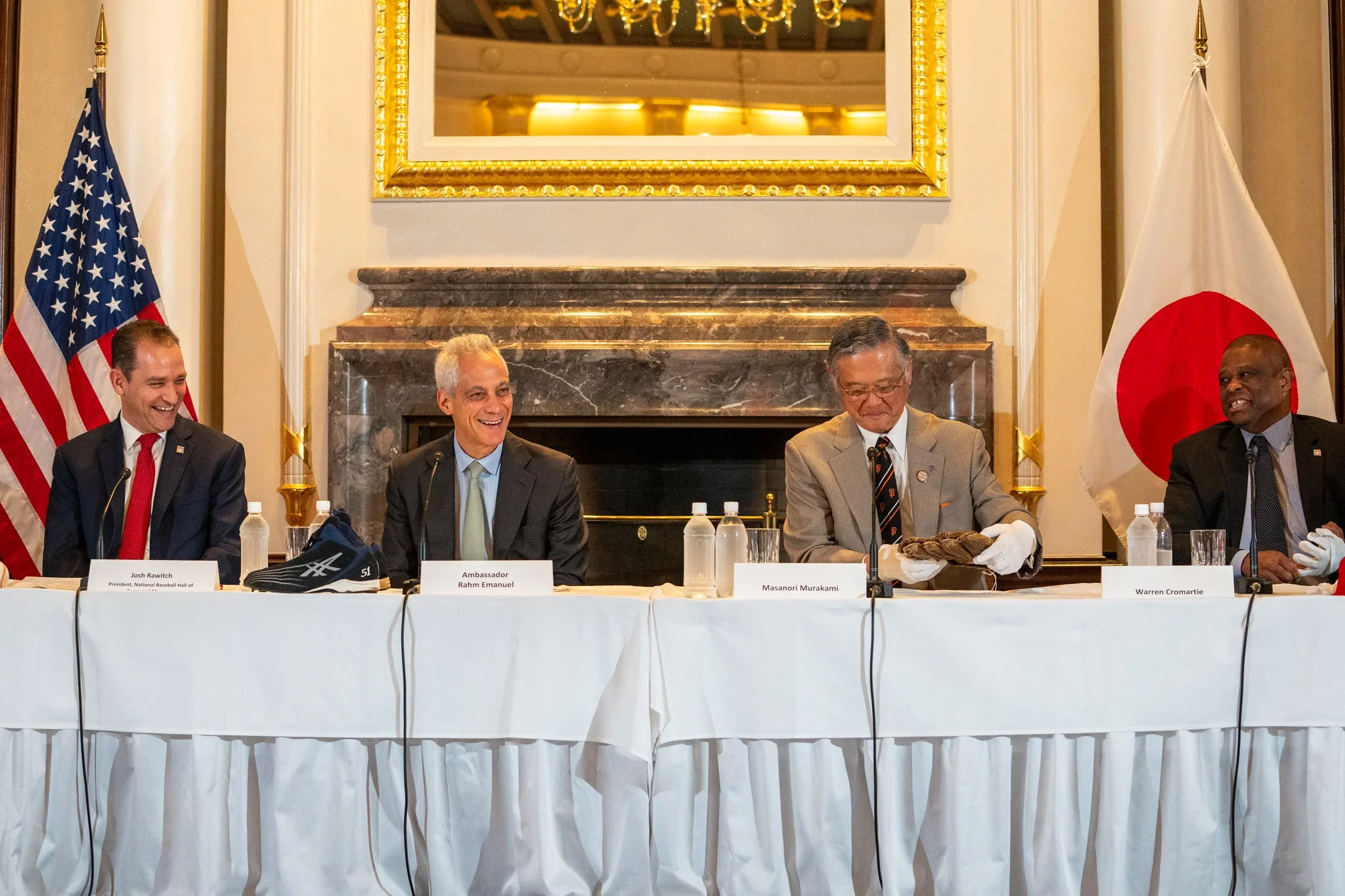 The press conference at the US Ambassador's residence in Tokyo announcing the Yakyu | Baseball exhibit. From left to right: Hall of Fame president Josh Rawitch, Ambassador Rahm Emanuel, Masanori Murakami and Warren Cromartie. 