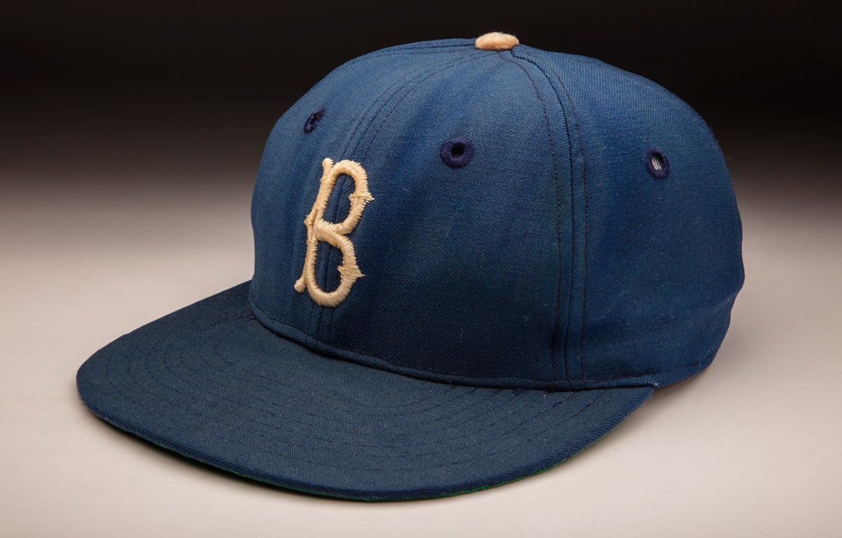 1955 Brooklyn Dodgers cap worn by Jackie Robinson