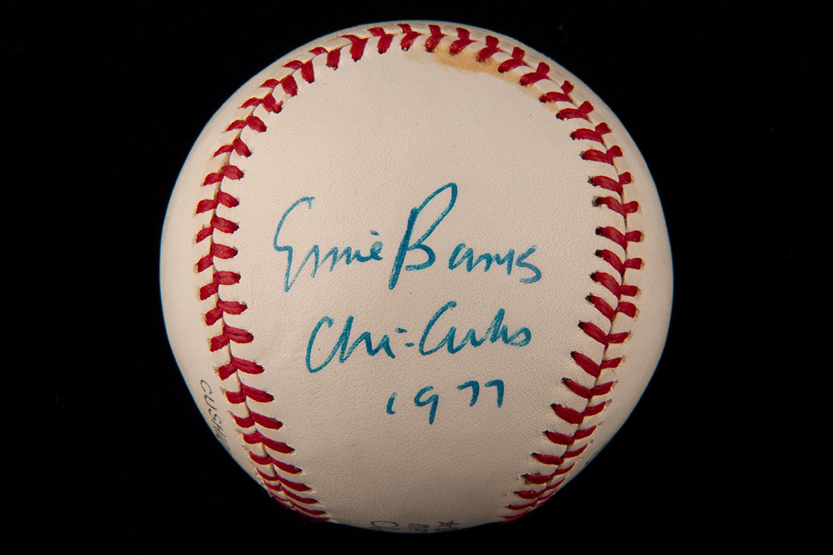 Ernie Banks autographed baseball with "Chi Cubs 1977" inscription