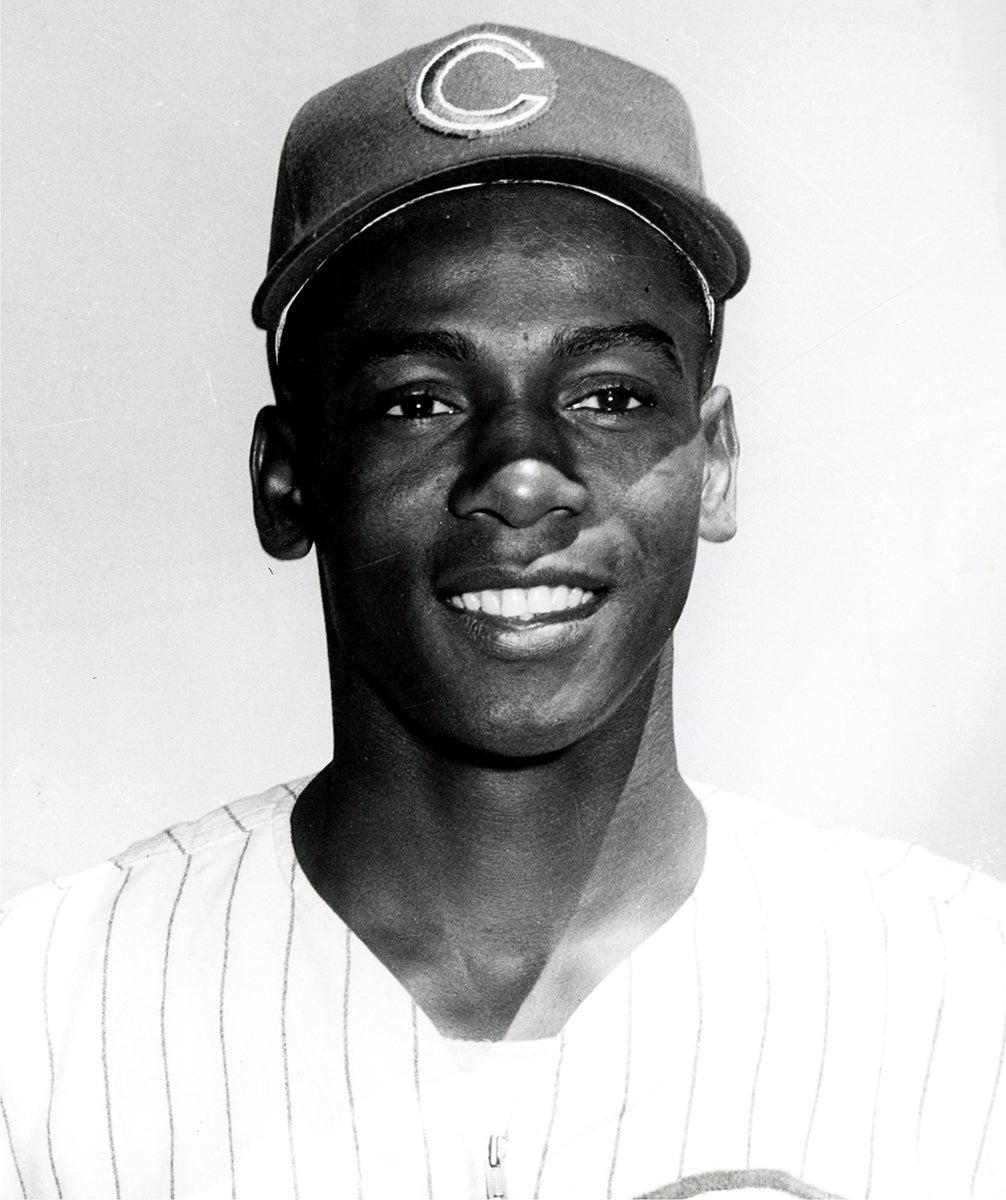 Black and white portrait of Ernie Banks