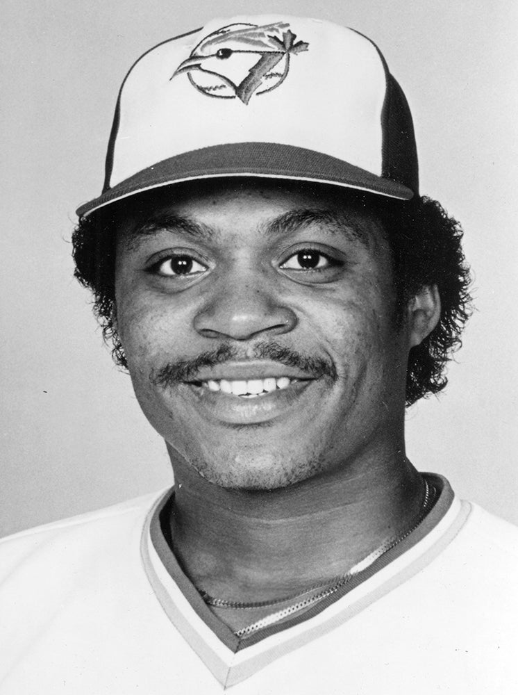 Black and white portrait of Jesse Barfield in Toronto uniform