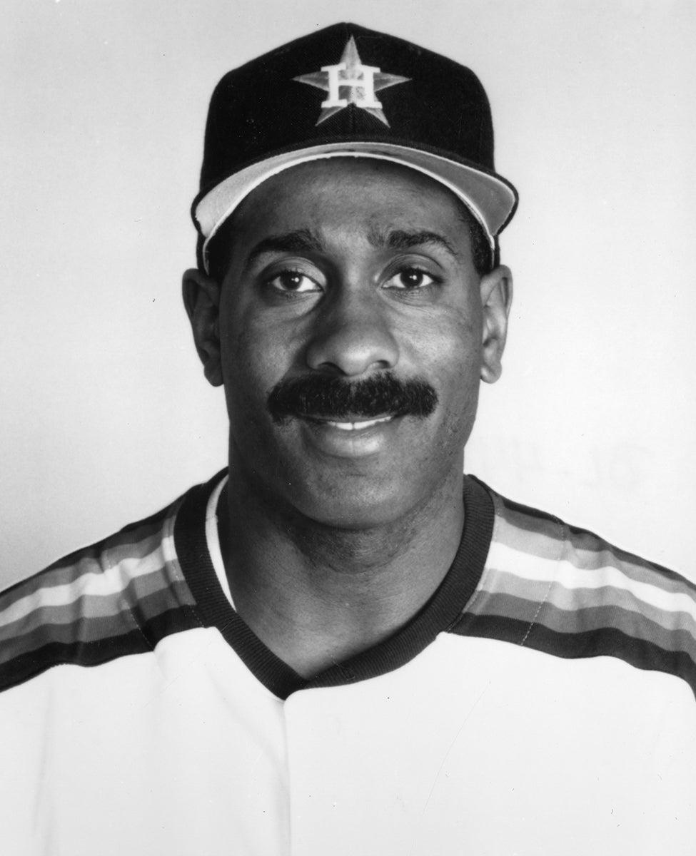 Black and white portrait of Kevin Bass in Astros uniform