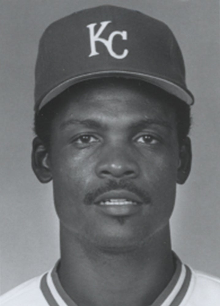 Thad Bosley head and shoulders portrait in Royals uniform