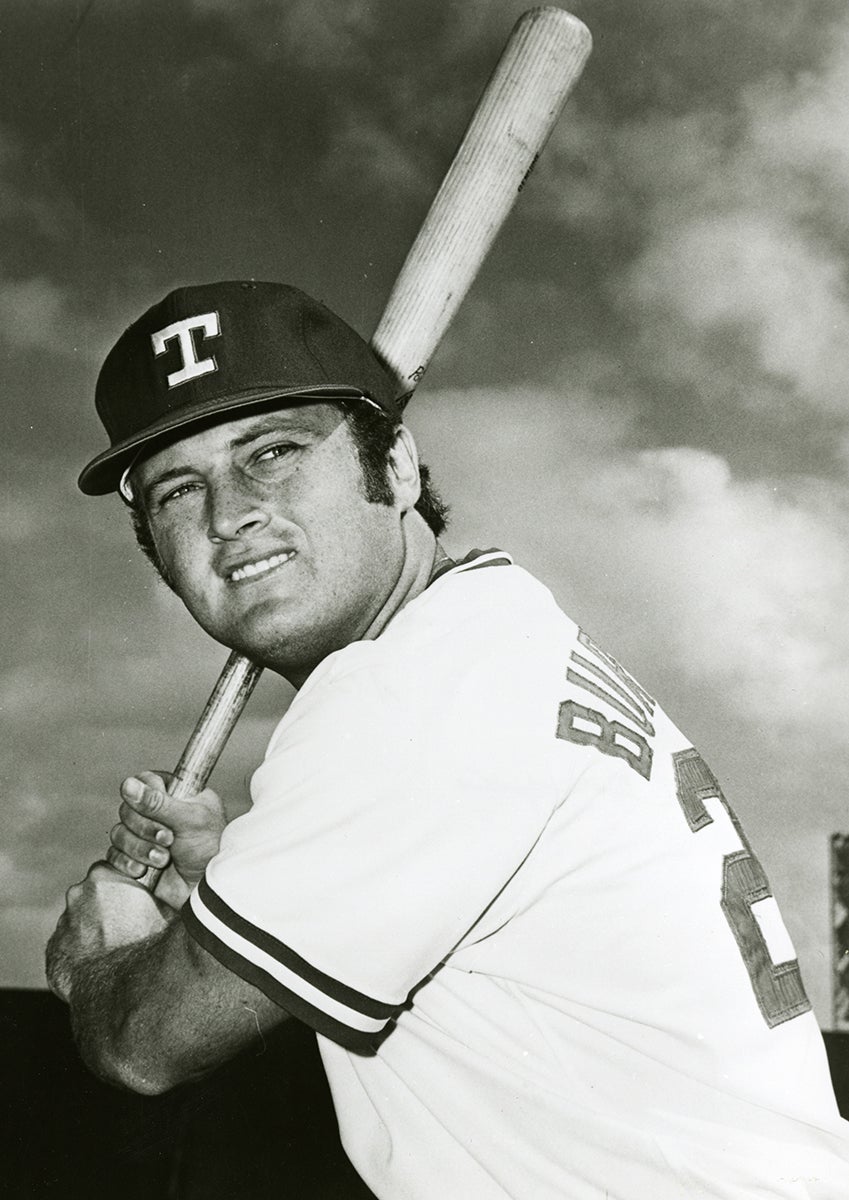 Batting portrait of Jeff Burroughs in Rangers uniform