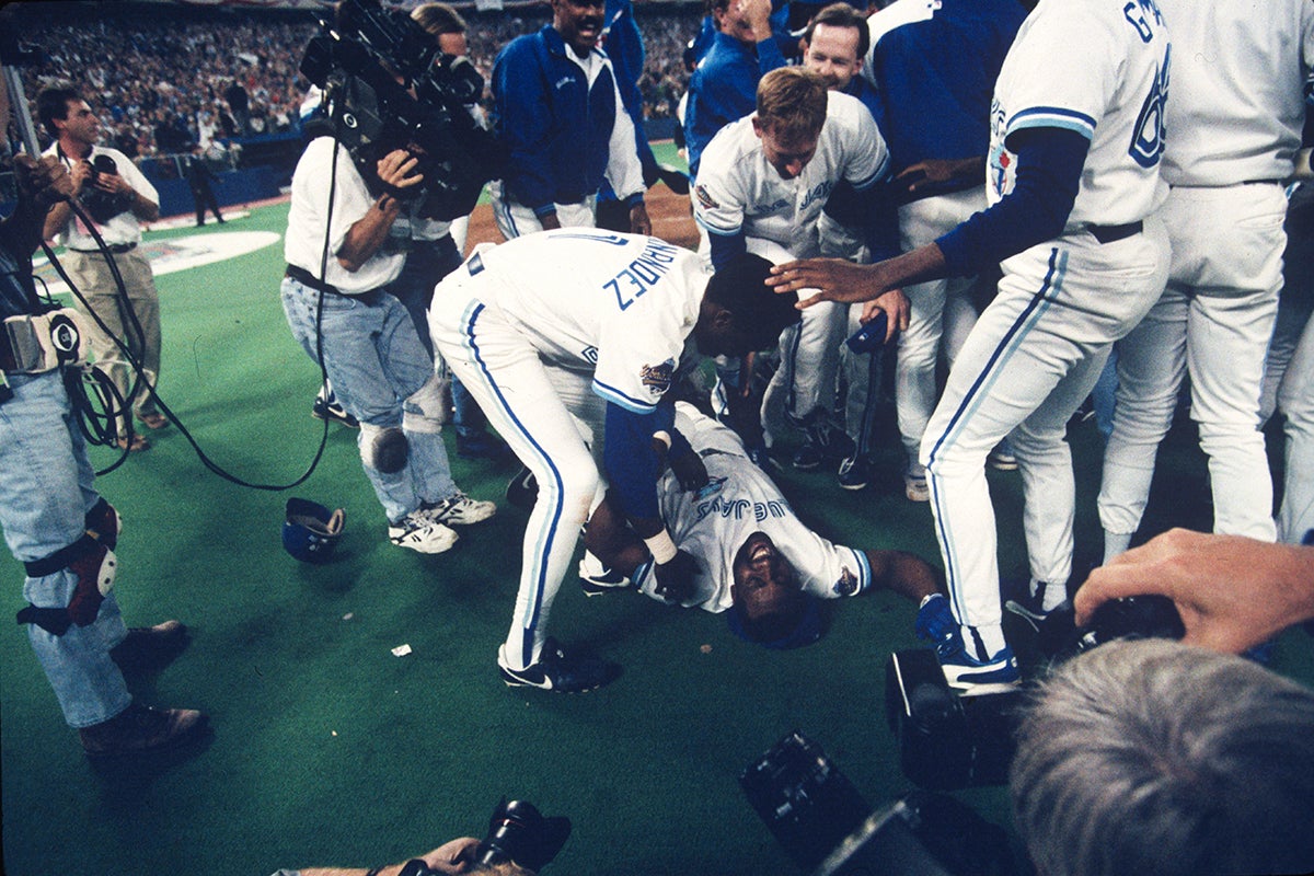 Joe Carter celebrates walk-off home run