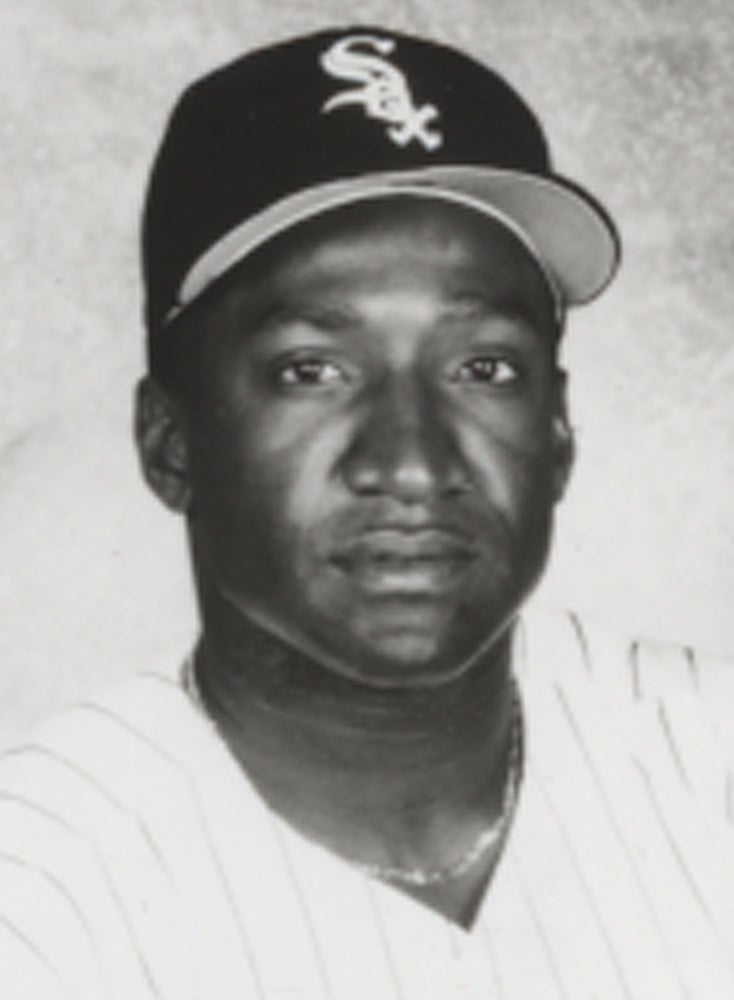 Head and shoulders portrait of Mike Devereaux in White Sox jersey