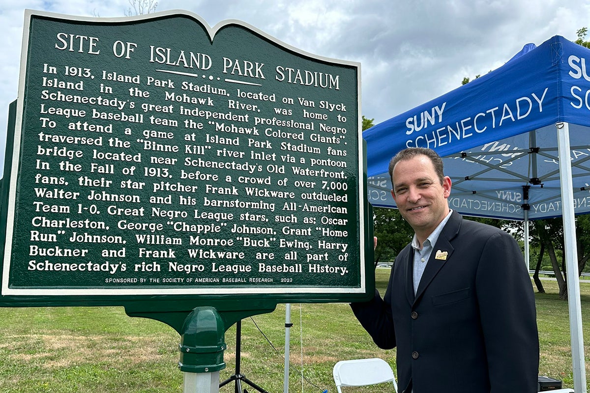 Hall of Fame President Josh Rawitch at Island Park Stadium memorial marker