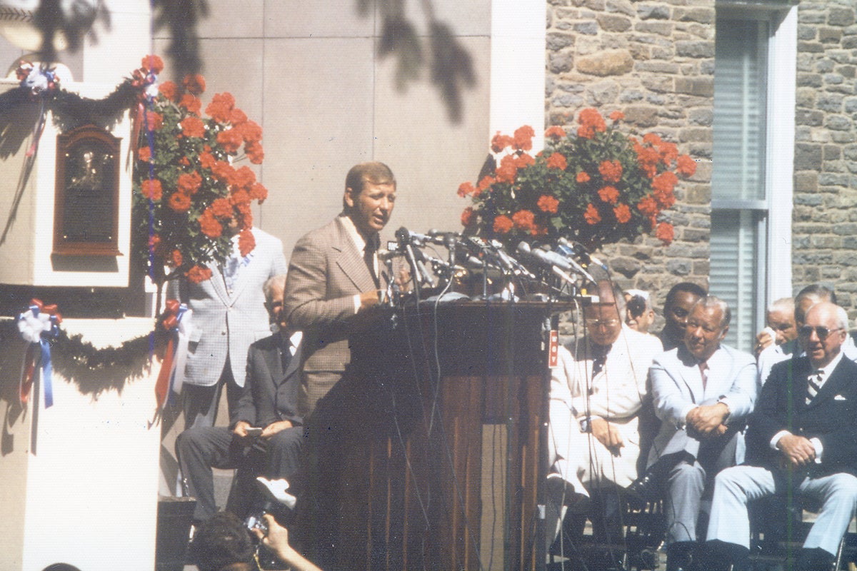 Mickey Mantle speaks during 1974 Induction Ceremony