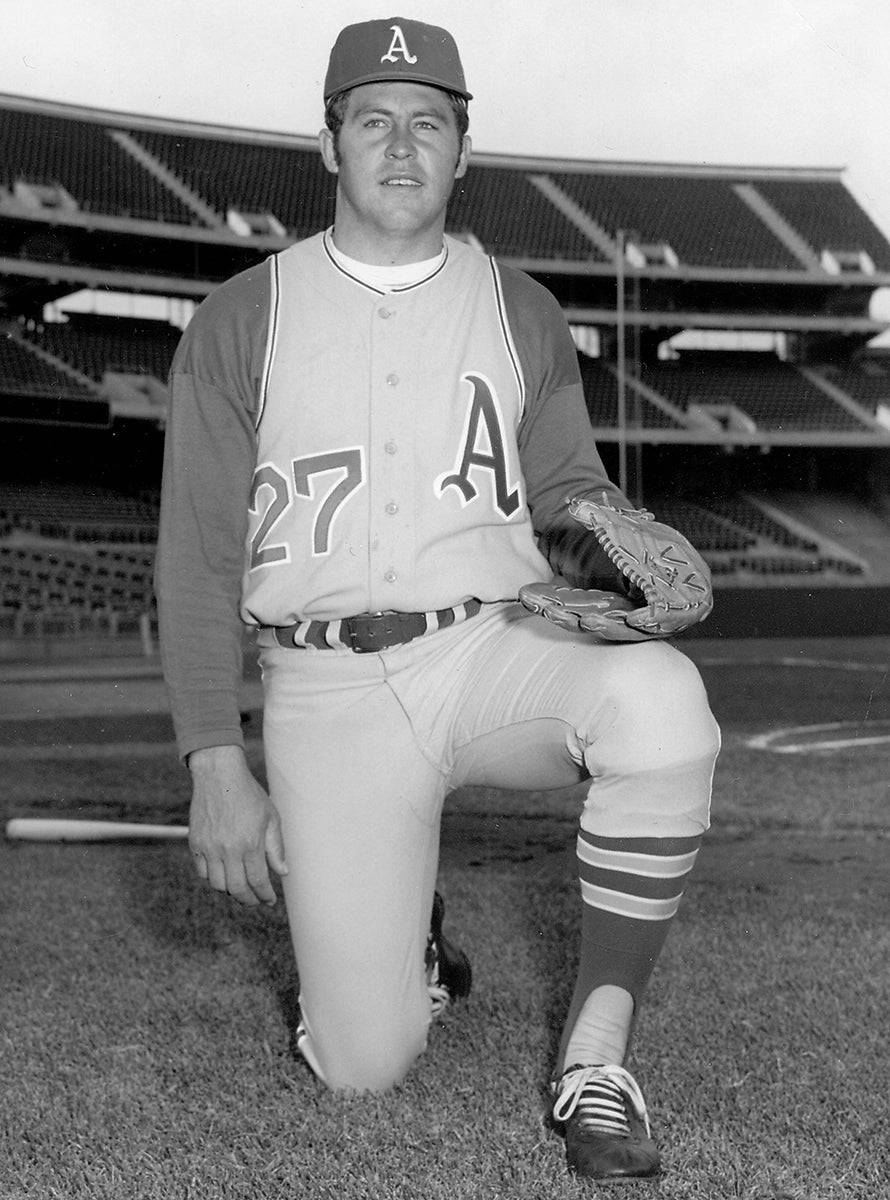 Black and white portrait of Catfish Hunter in Athletics uniform