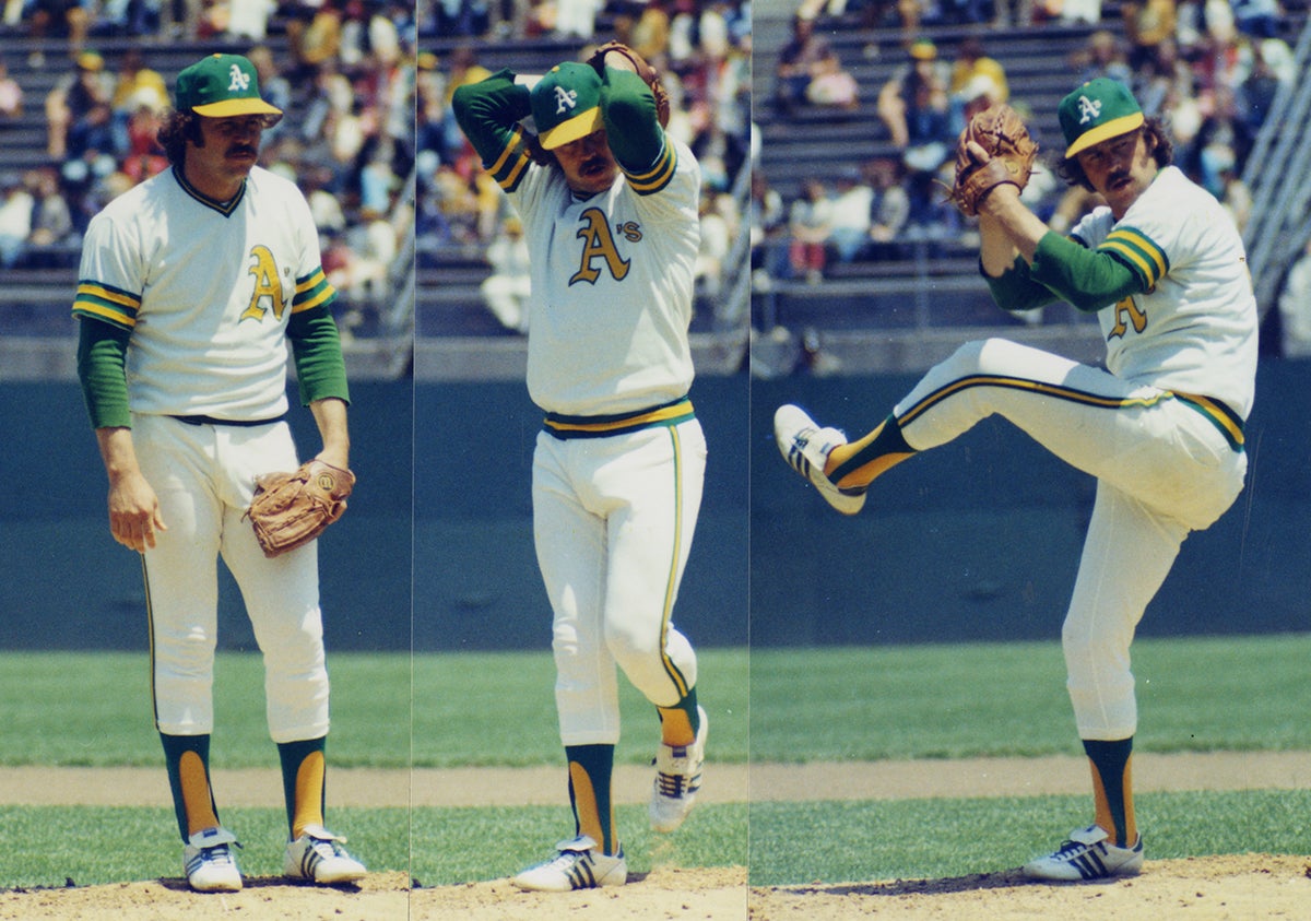 Collage of Catfish Hunter in right-handed pitching motion