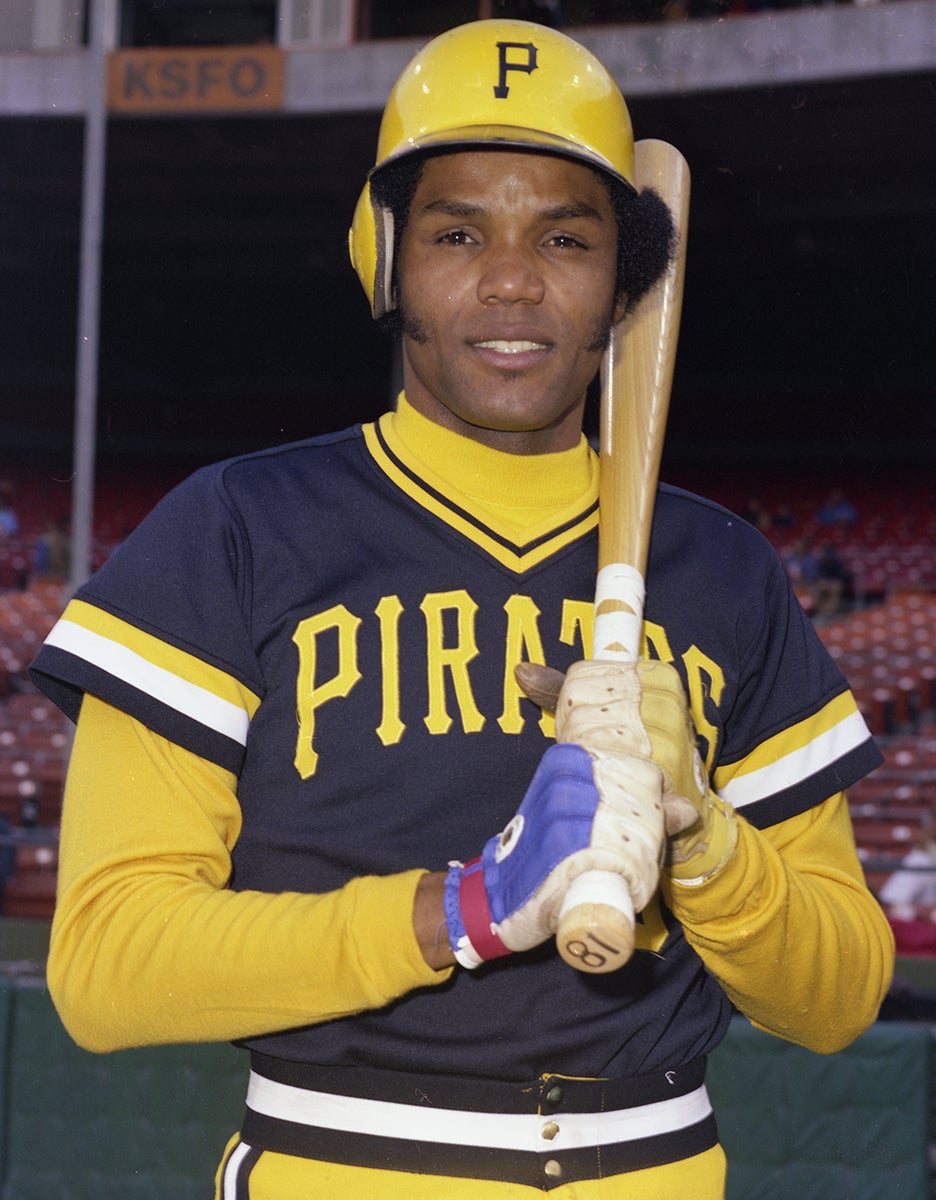 Omar Moreno wearing Pirates uniform and helmet