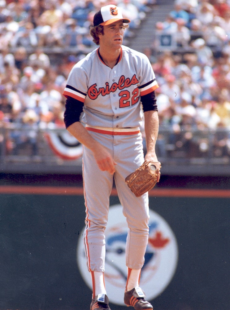 Jim Palmer on mound in road Baltimore uniform