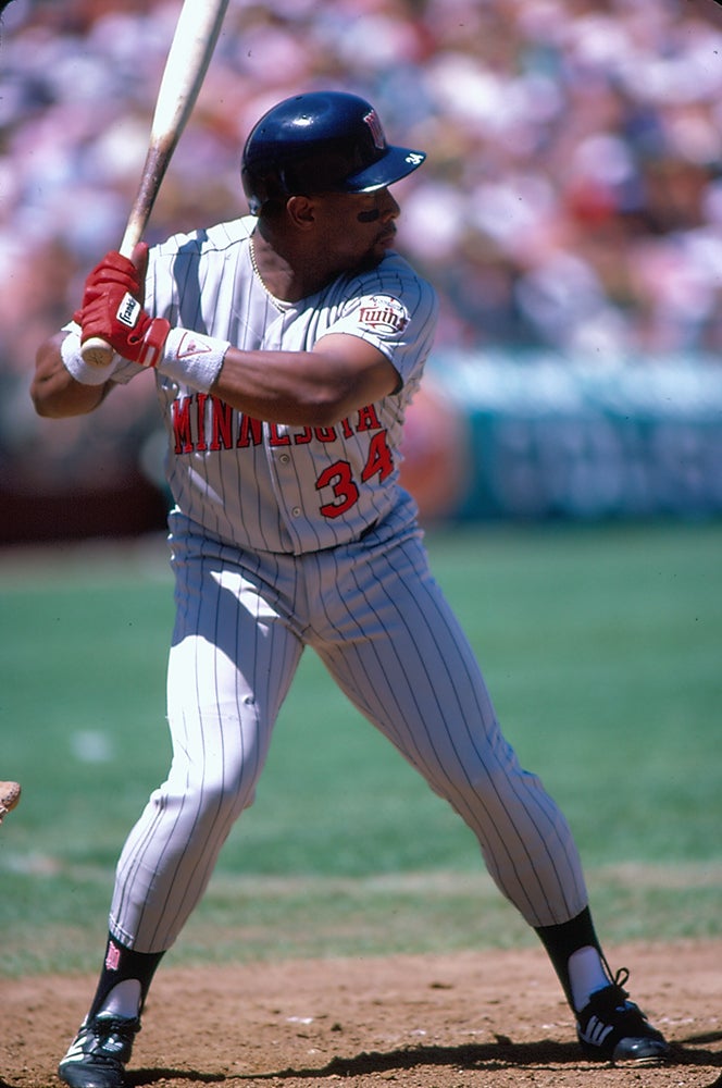 Kirby Puckett bats for Minnesota in road uniform