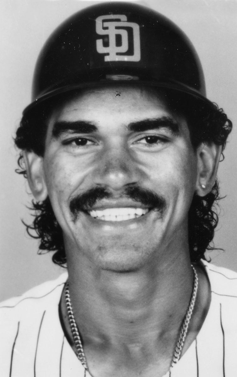 Black and white portrait of Benito Santiago with Padres