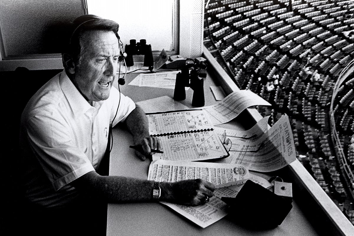 Vin Scully in Dodger Stadium press box
