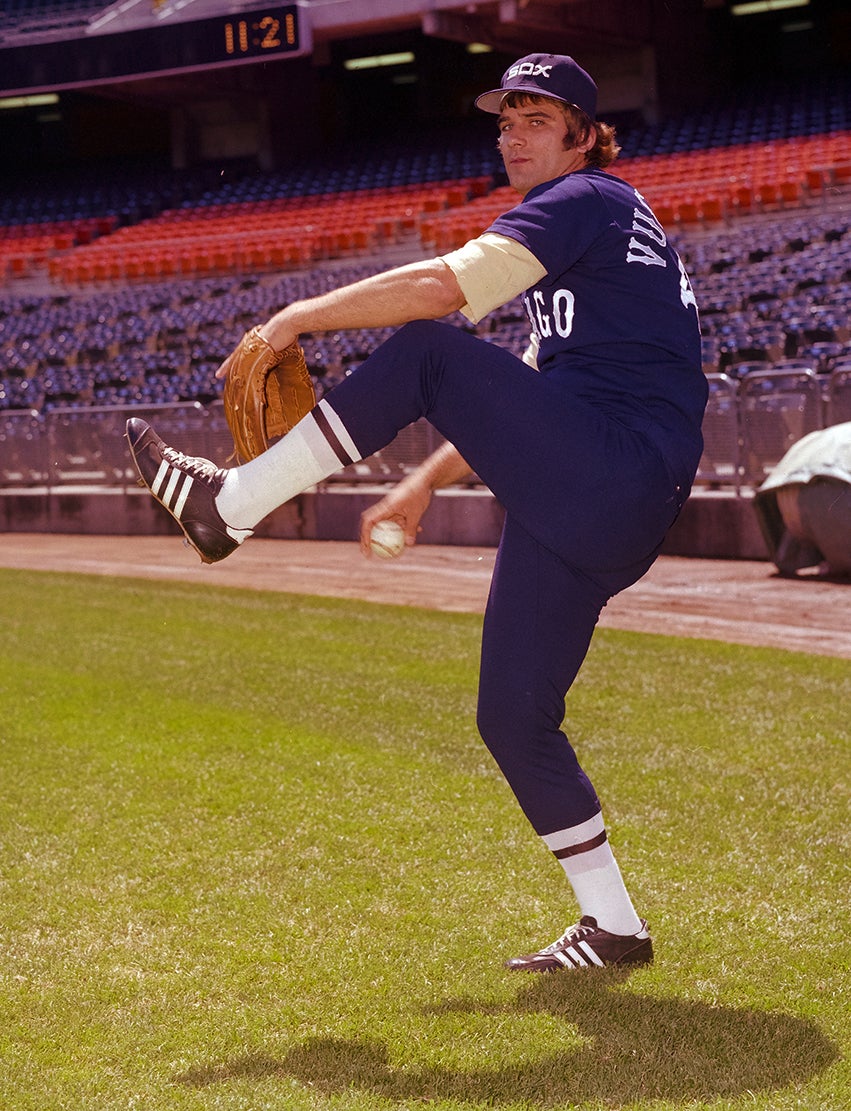 Portrait of Pete Vuckovich in right-handed pitching motion