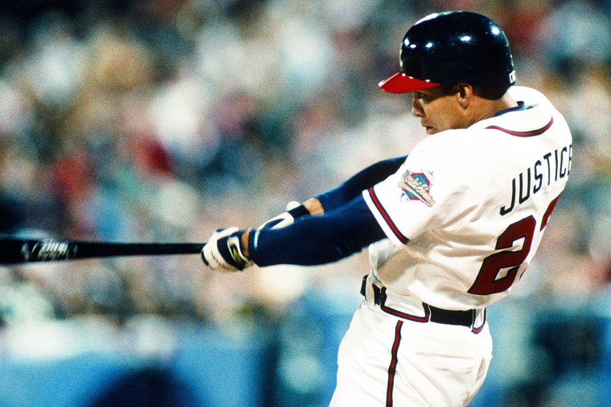 David Justice bats during 1992 World Series