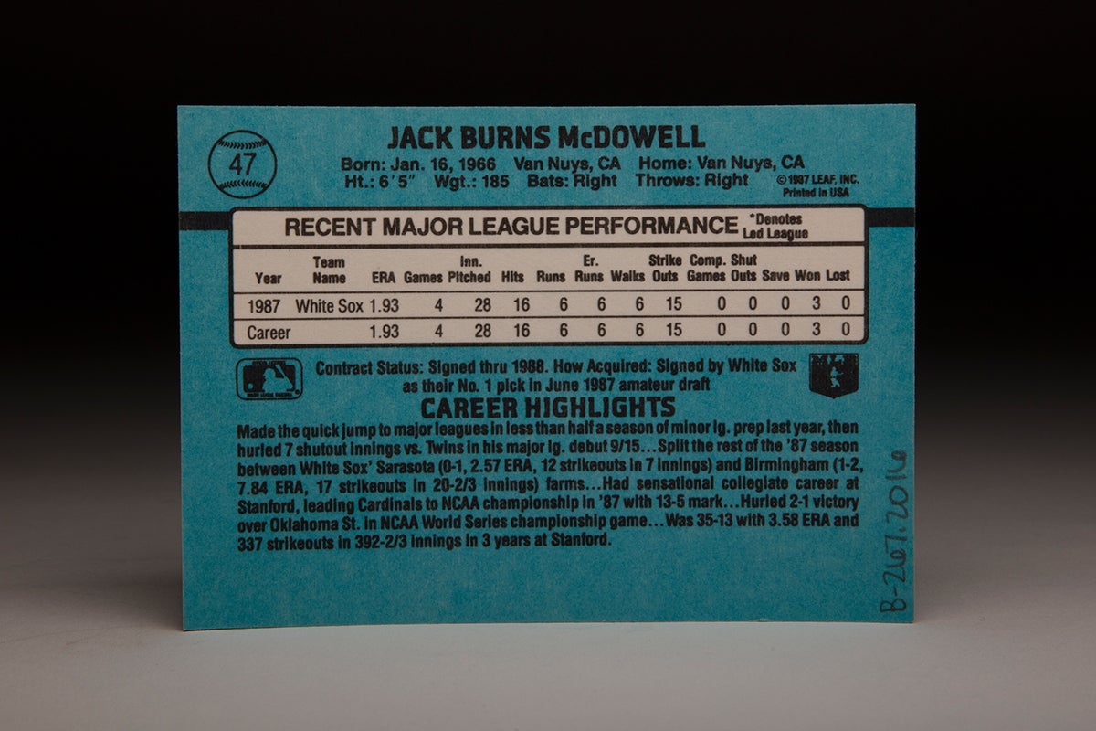 Back of 1988 Donruss Jack McDowell card