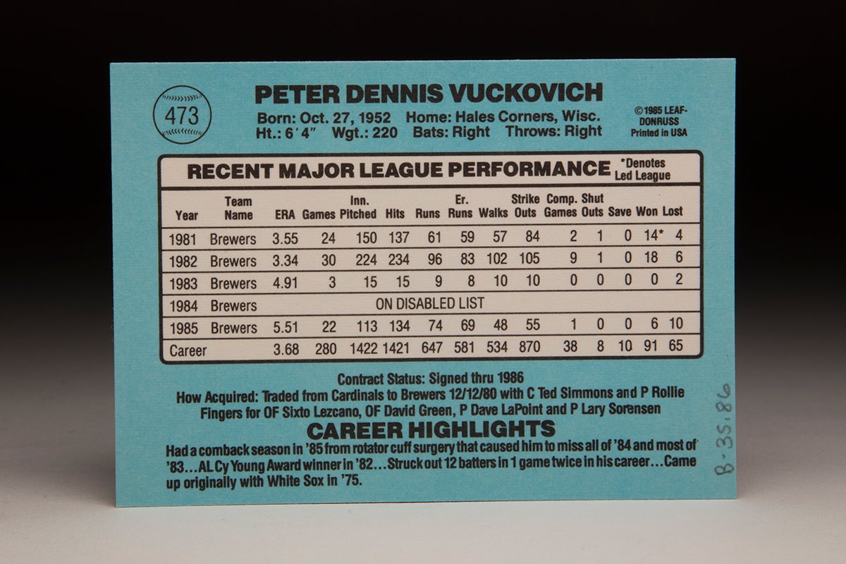 Back of 1986 Donruss Pete Vuckovich card