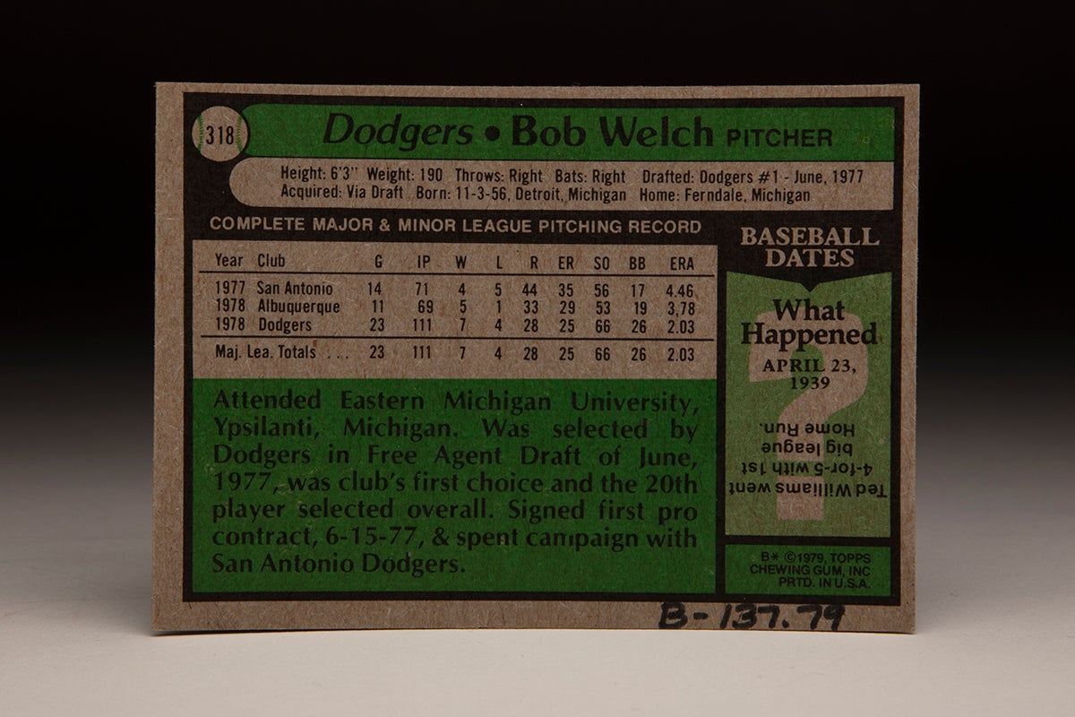 Back of 1979 Topps Bob Welch card