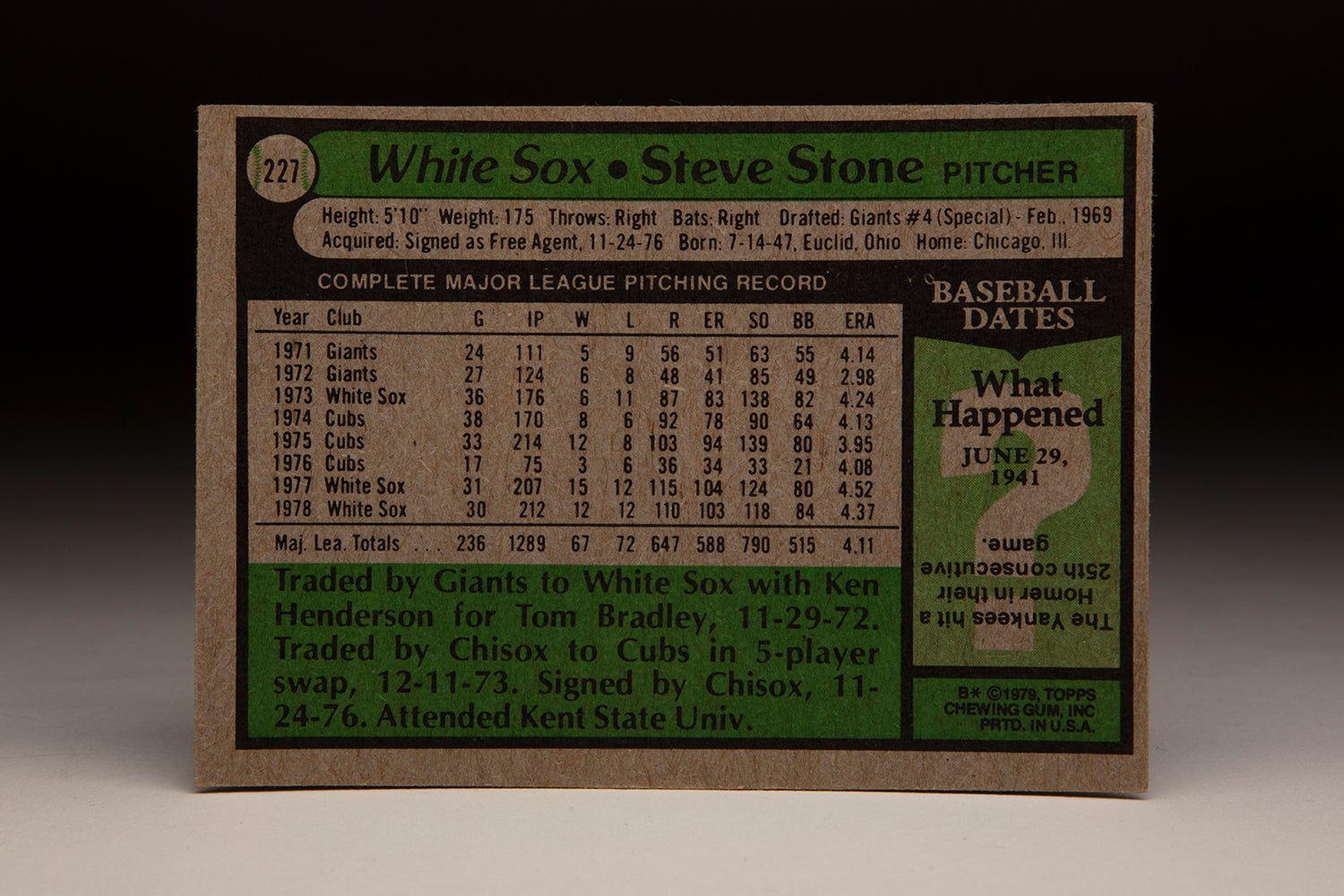 Back of 1979 Topps Steve Stone card