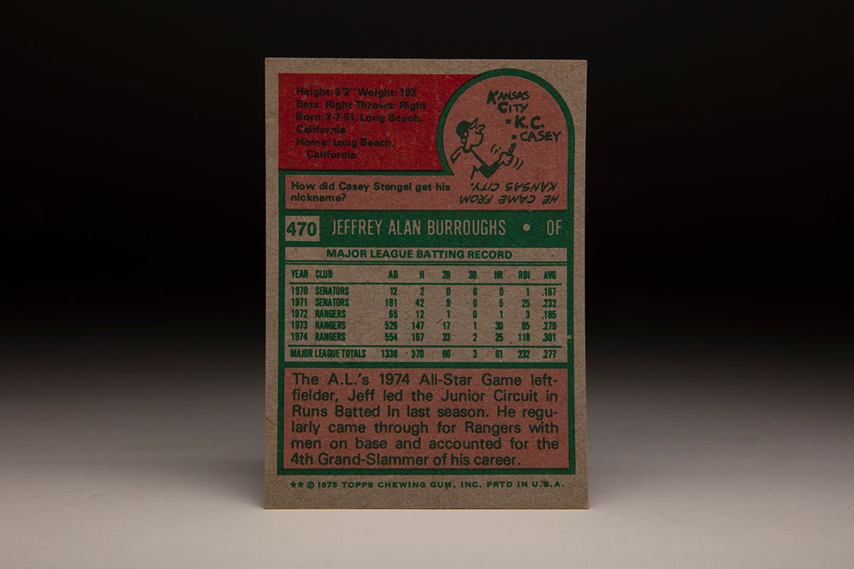 Back of 1975 Topps Jeff Burroughs baseball card