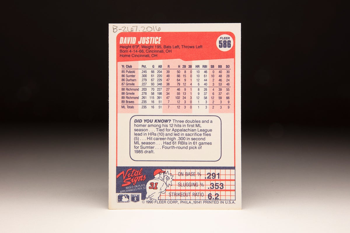 Back of 1990 Fleer David Justice card