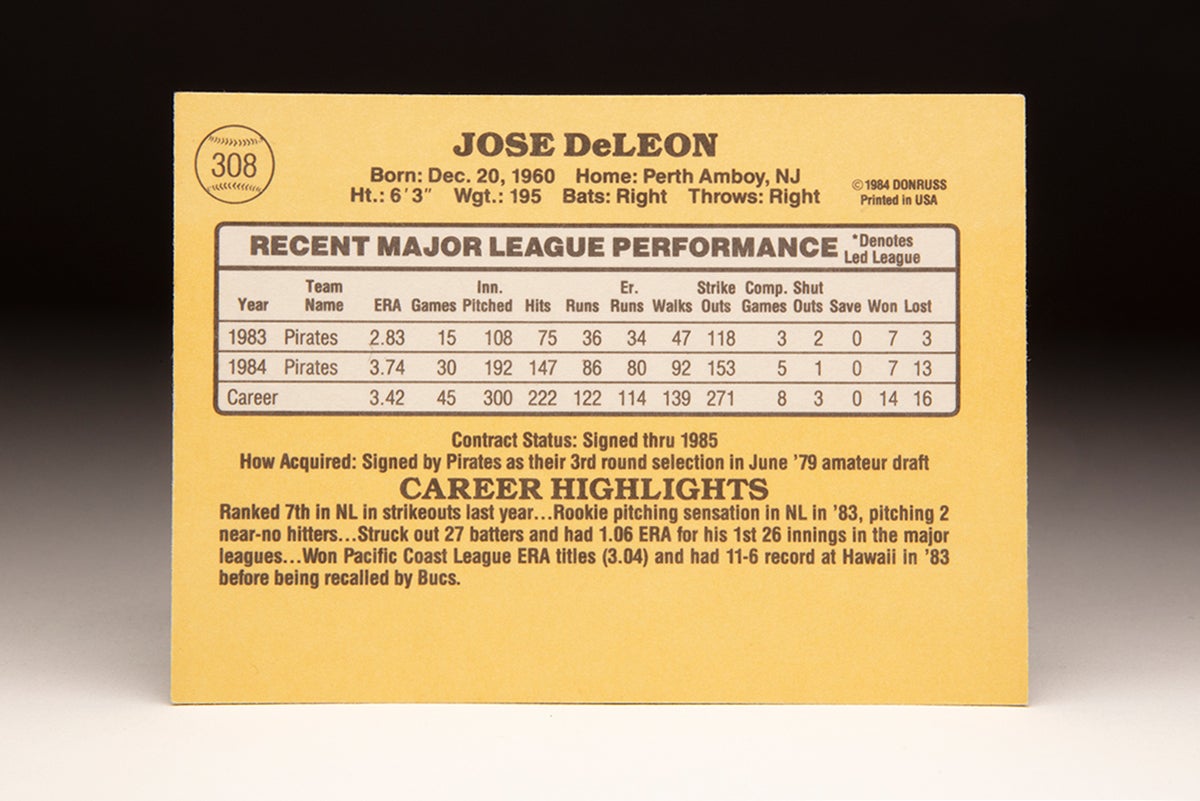 Back of 1985 Donruss José DeLeón card