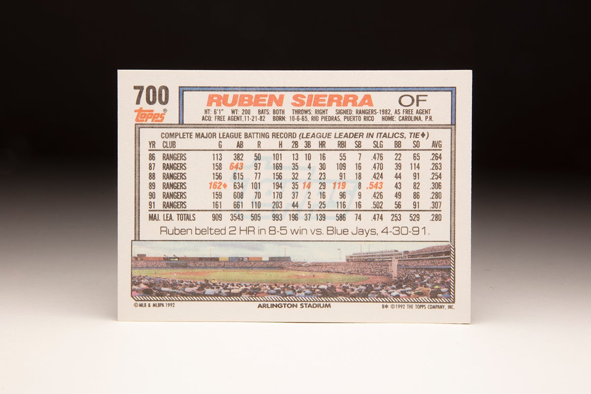 Back of 1992 Topps Rubén Sierra card