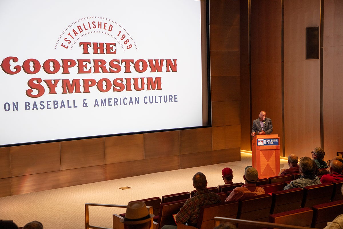 Wide angle view of keynote speech at Cooperstown Symposium